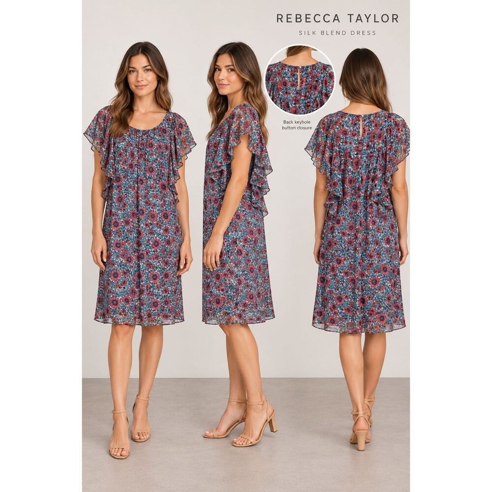 Rebecca Taylor Size 10 Silk Floral Dress Ruffle Flutter Sleeve Teal Pink Boho